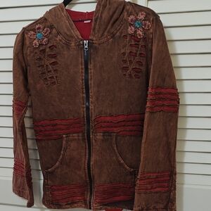 Beautifully Detailed Brown and Red Women's Jacket with Floral Embroidery